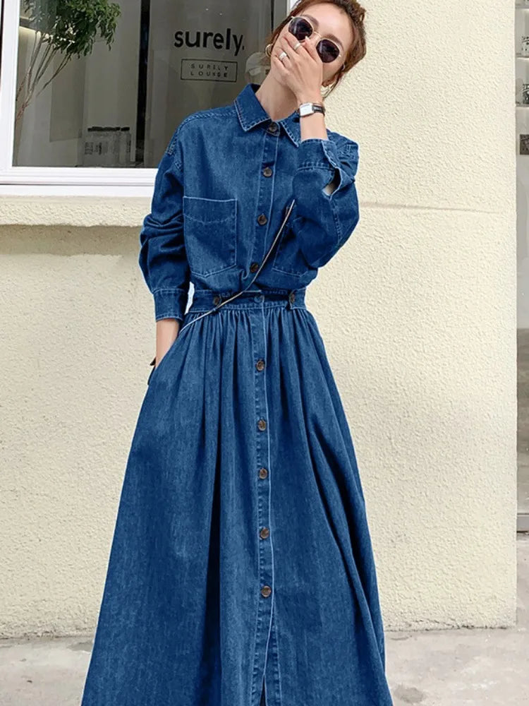 Cowboy Long Skirt Fashionable Trend Long Ankle Thin A-line Dress High Waisted Stylish Slimming Long Sleeved Casual Button Skirt - Seprincess