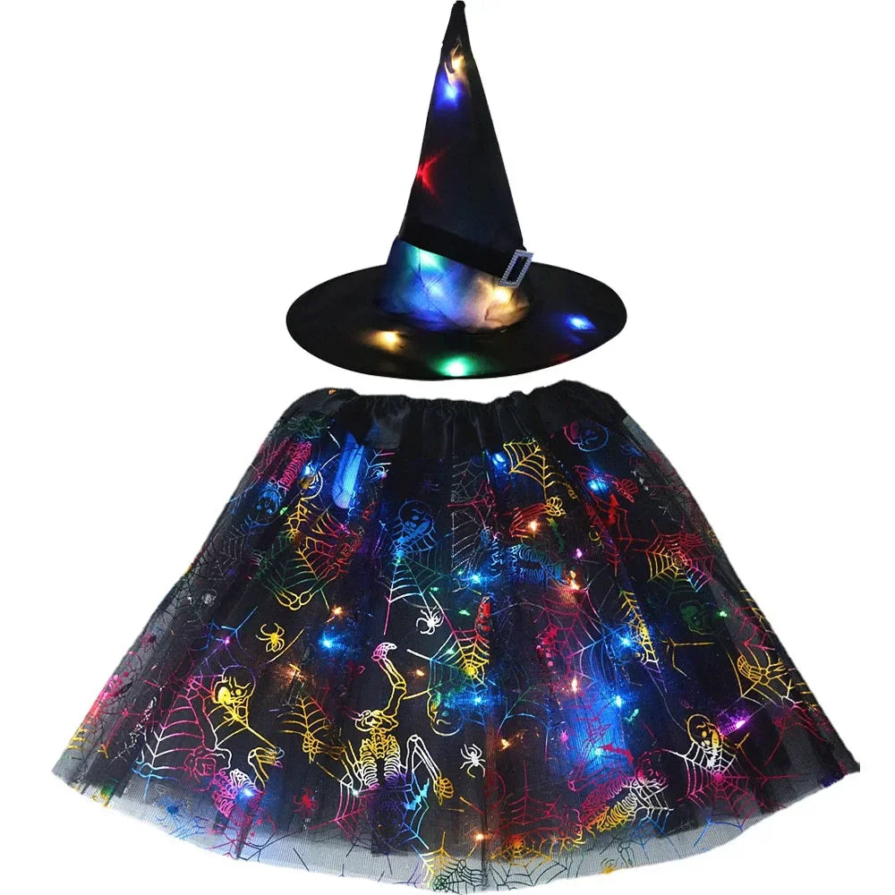 Women Kids Girl Luminous LED Glow Light Up Elf Witch Hat Star Skirt Spider Web Tutu Wizard Costume Party Gift Halloween Festival - Seprincess