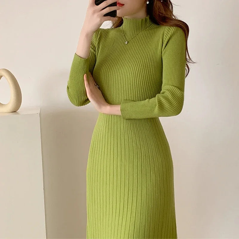 Autumn Winter 2024 Slim Long Sleeve Party Midi Dress for Women Knitted Half High Collar Elegant Knitted Sweater Dresses Ladies - Seprincess