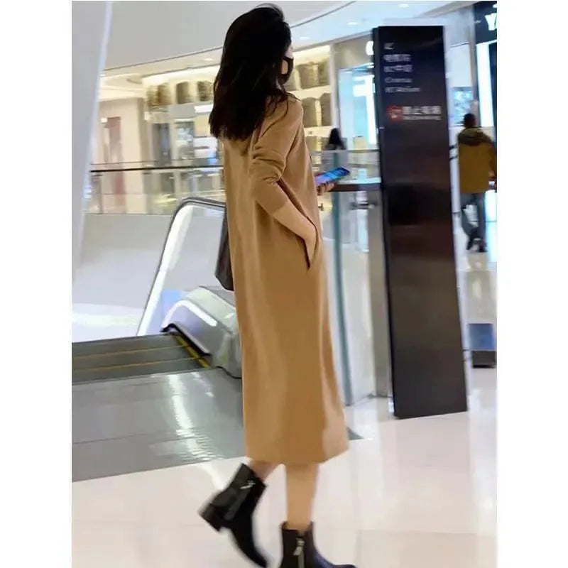 Autumn and Winter Hooded Knee Length Slimming Dress Women's Korean Version Solid Color Plus Size Slim Fit Hoodie Dress - Seprincess