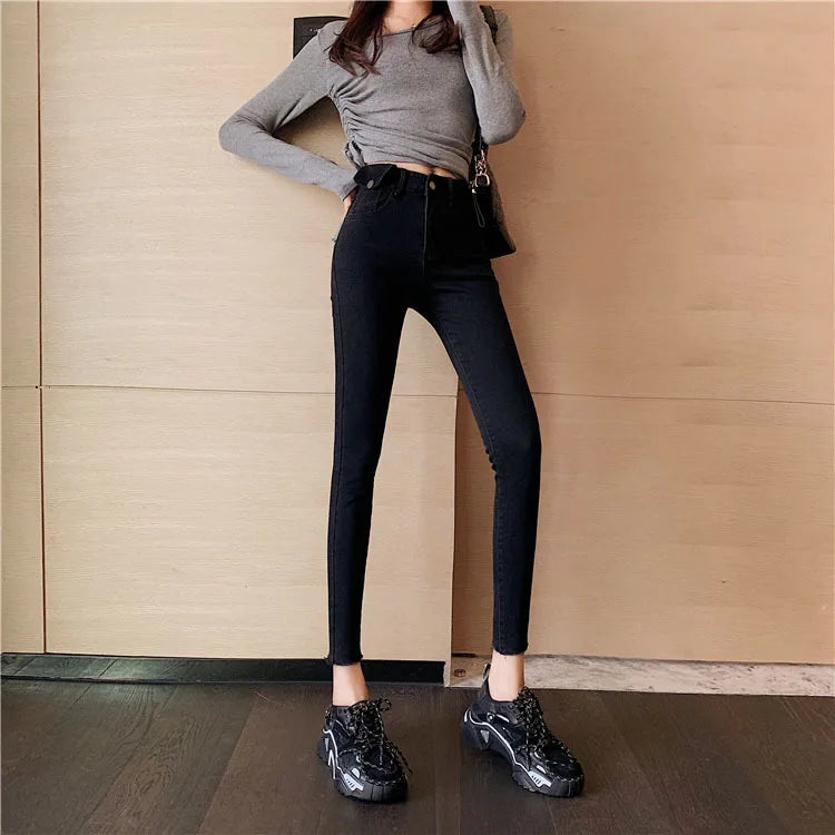 Jeans Women Spring 2023 Fashion Beige High Waist Leggings Skinny Label Pencil Pants Boots Pants