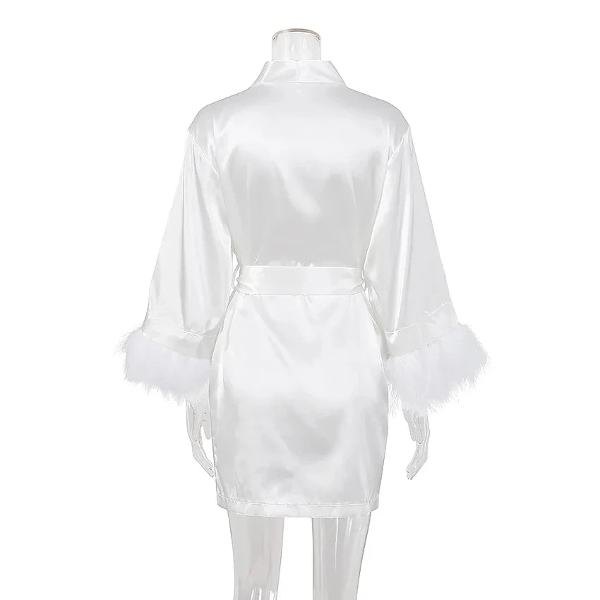 White Feather Robe With Fur Full Sleeves Sleepwear Satin Robes For Women Nightgown Bride Robe Gown Dress Bathrobe Female - Seprincess