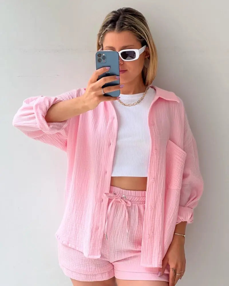 Summer Women's Suit Short Sets Outfits Muslin Suit For Women 2024 Two Piece Sets Female Clothing Solid Button Lapel Outfits