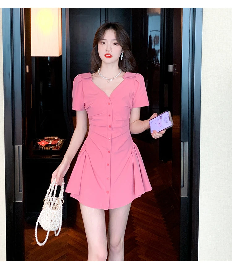 Women Dress 2022 Summer New Net Red Sexy V Neck Short-sleeved Fold Waist Thin Dress Short Single-breasted Shirt Dress Pure Color - Seprincess