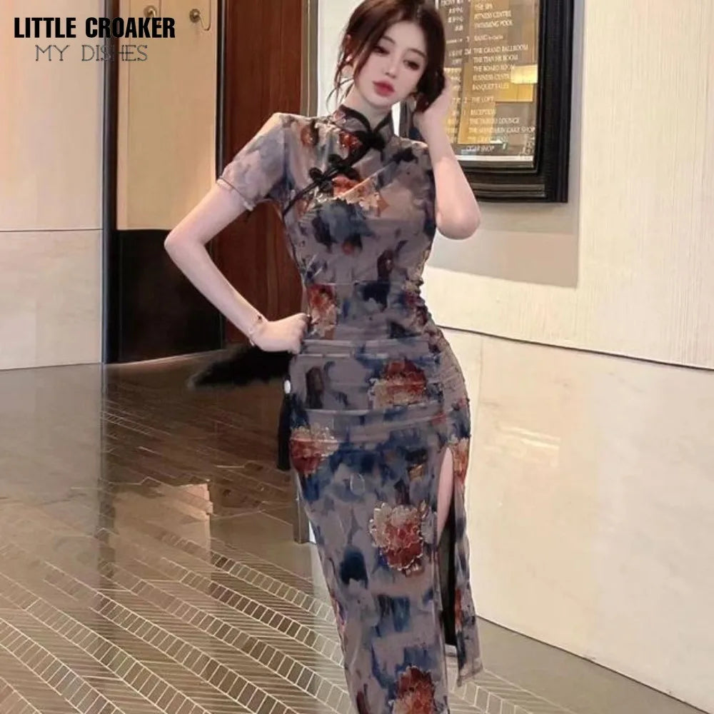 Retro Fenghua Color Imperial Sister Cheongsam Goddess Style Improved Qipao Women's Summer Slim Fit Show Body Slit Bag Dress - Seprincess