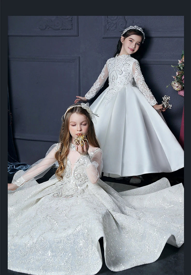 Girls First Communion Dress Flower Girl Wedding Sequins Dresses for Kids Piano Performance Vestidos Children Pageant Ball Gown - Seprincess