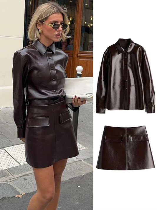 Fashion Leather Mini Skirt Sets Women Y2K Long Sleeve Bike Jacket Hip Package Short Skirt Suits Female Street Motorcycle Outfits - Seprincess