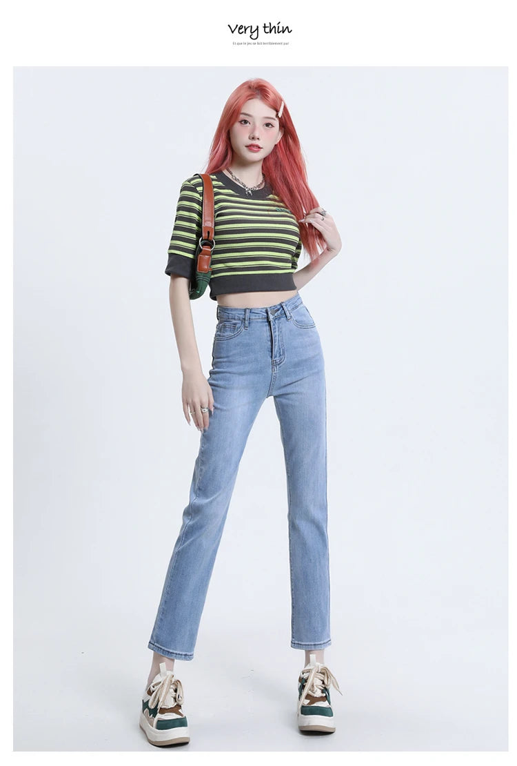 High Waisted Straight Slim Elastic Denim Jeans For Women Smoke Pipe 9,8 Pants Casual Brand Sexy Trousers Female