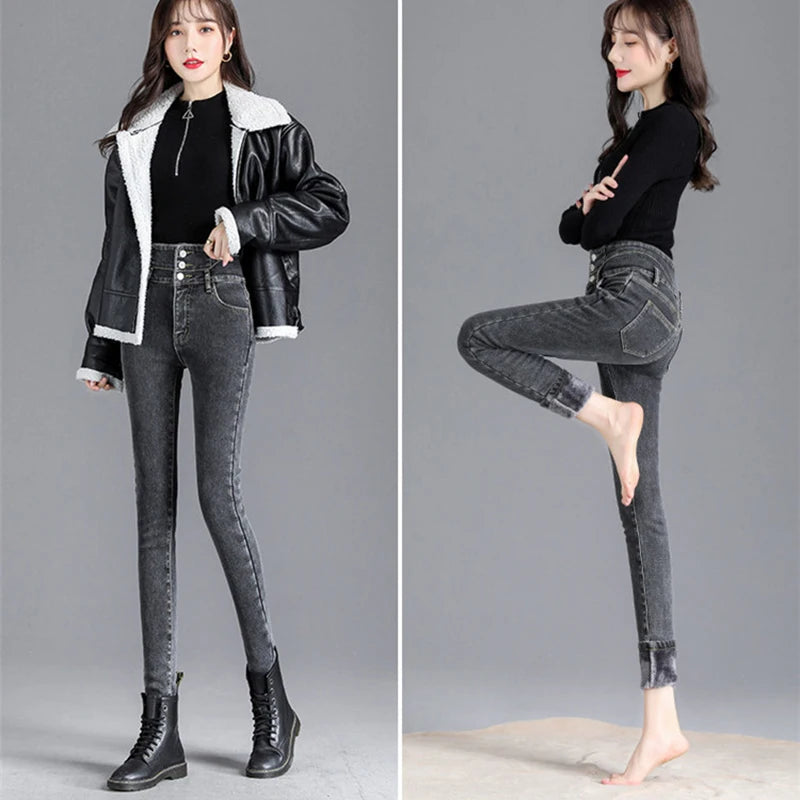 Winter Women Thick Velvet High Waist Skinny Jeans Simple Warm Fleece Slim Fit Stretch Trousers Casual Ladies Denim Pencil Pants