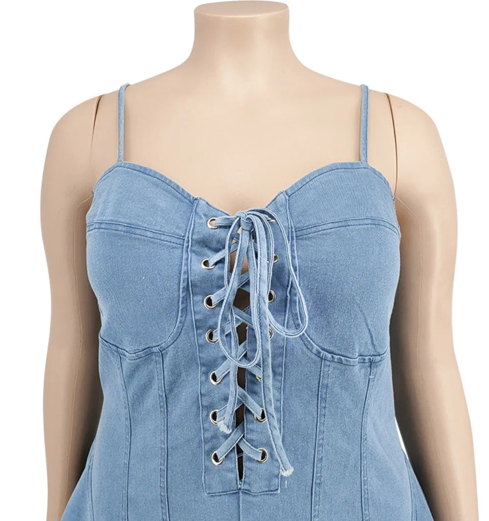 HLJ&GG Plus Size Women Denim Lace Up Suspenders Dresses Sexy Thin Sleeveless Backless Ruched Mini Dress Female Cowboy Clothing - Seprincess