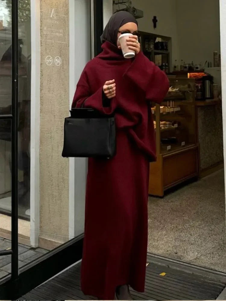 ﻿ Autumn Fashion Burgundy Red High Collar Knitted Set Women Solid Full Sleeve Long Skirt Outfit New Winter High Street Lady Suit - Seprincess