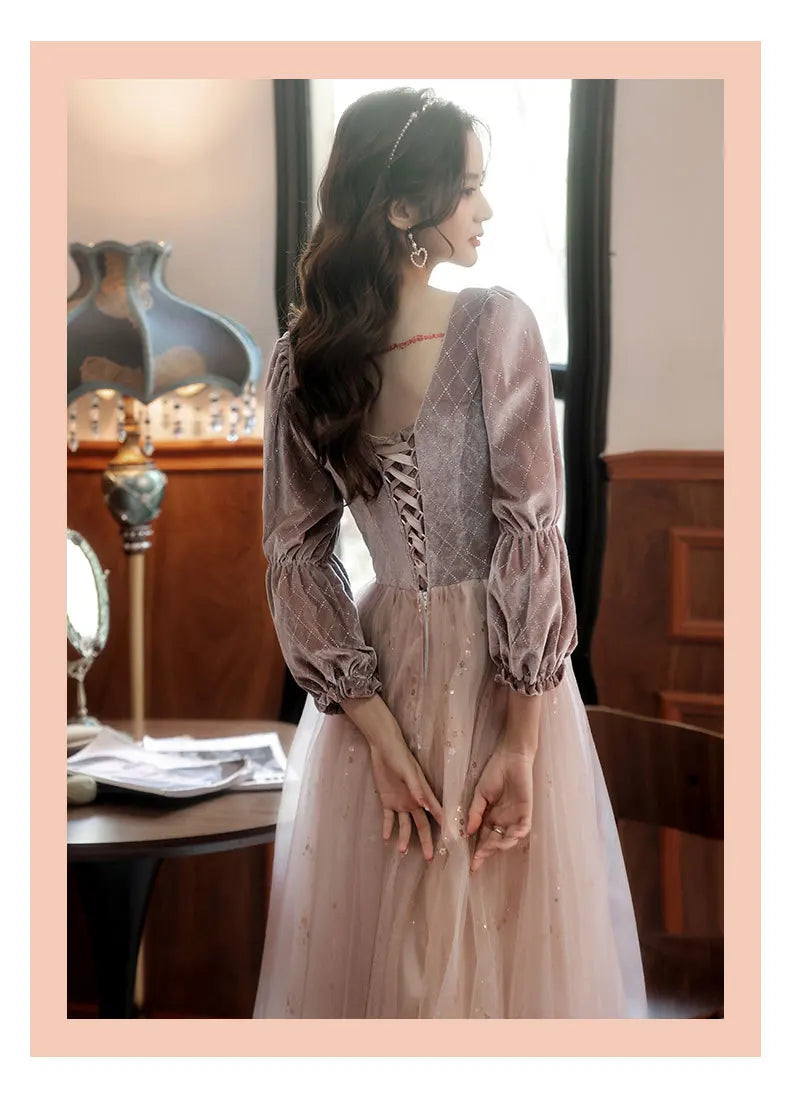 Autumn Winter Bridesmaid Dress New Women's Long Sleeve Corduroy Lace Splicing Style Dress Wedding Sisters Group Evening Dresses