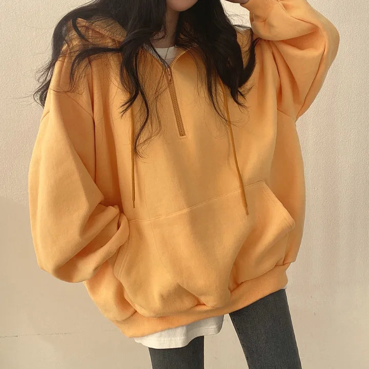 Women Hoodie Harajuku Loose Oversized Solid Color Top Half Zip Up Sweatshirt Female Casual Long Sleeve Pocket Hooded Coats 2024 - Seprincess