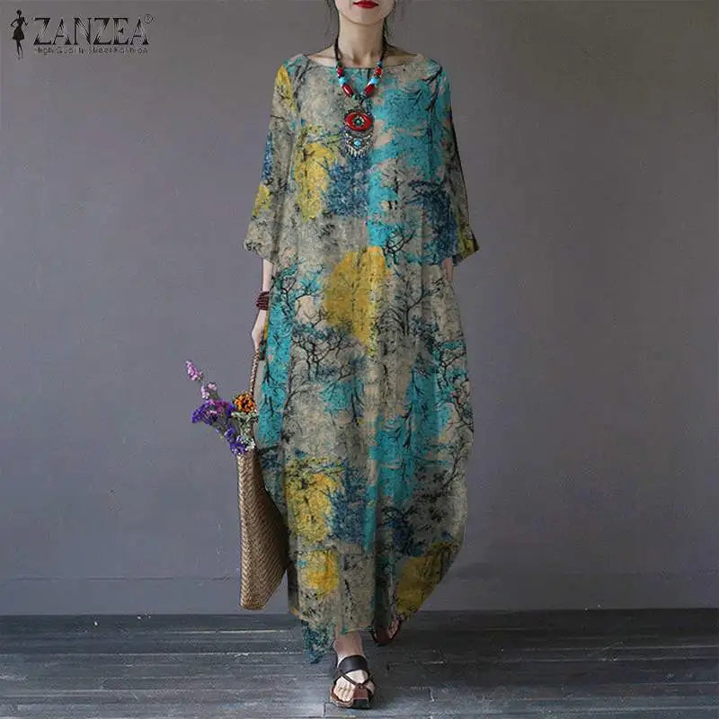 Vintage Printed Dresses ZANZEA Autumn Sundress Women Bohemian Casual Long Sleeve O Neck Dress Elegant Loose Maxi Vestidos Robe - Seprincess