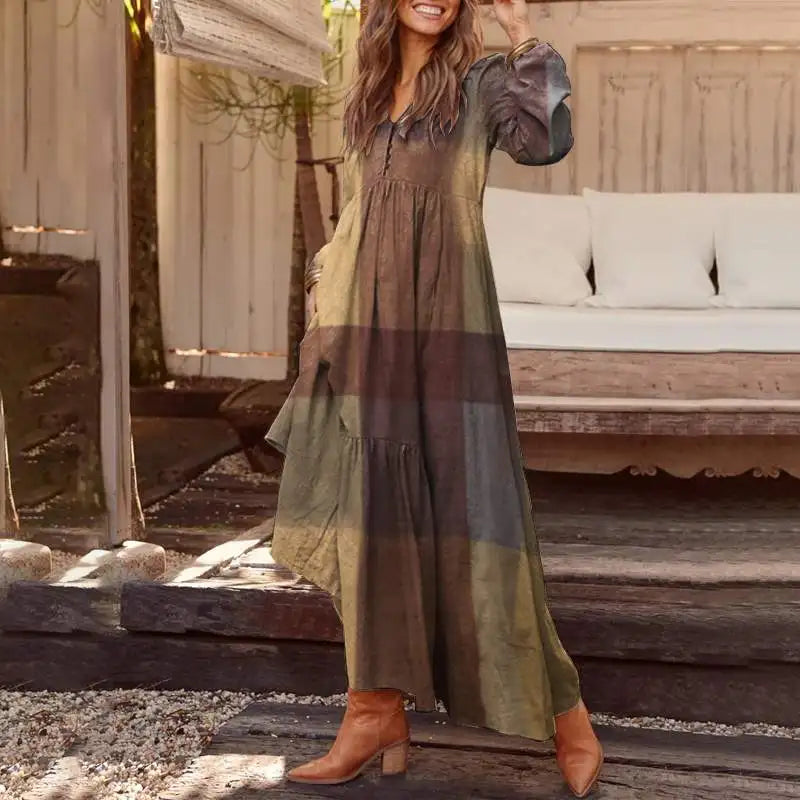 ZANZEA Autumn Long Puff Sleeve Maxi Dress Women Vintage Tiered Plaid Long Robes Fashion Cotton Linen V Neck Vestido Casual Dress - Seprincess