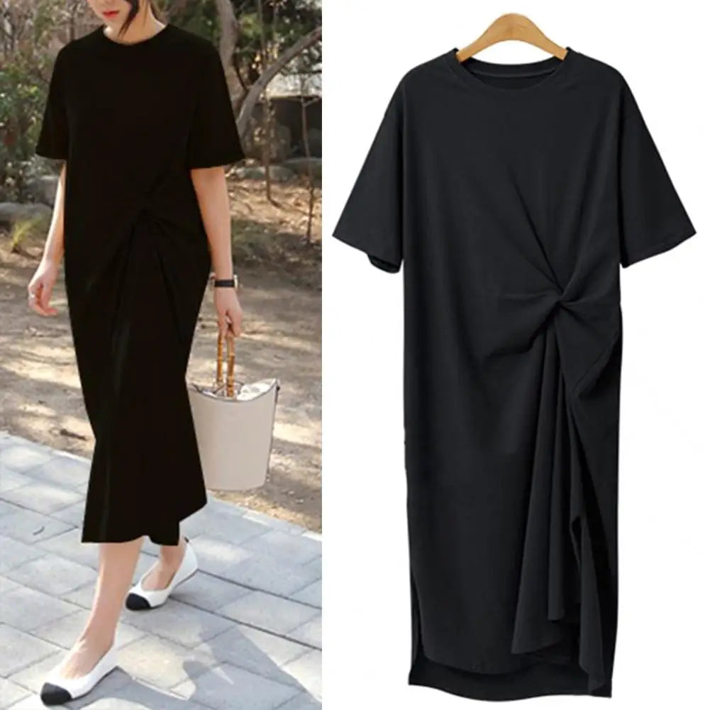 Women Summer Midi Dress Elegant Round Neck Dress Elegant Women's Summer Midi Long Dresses with O-neck Ruched Design for Casual - Seprincess