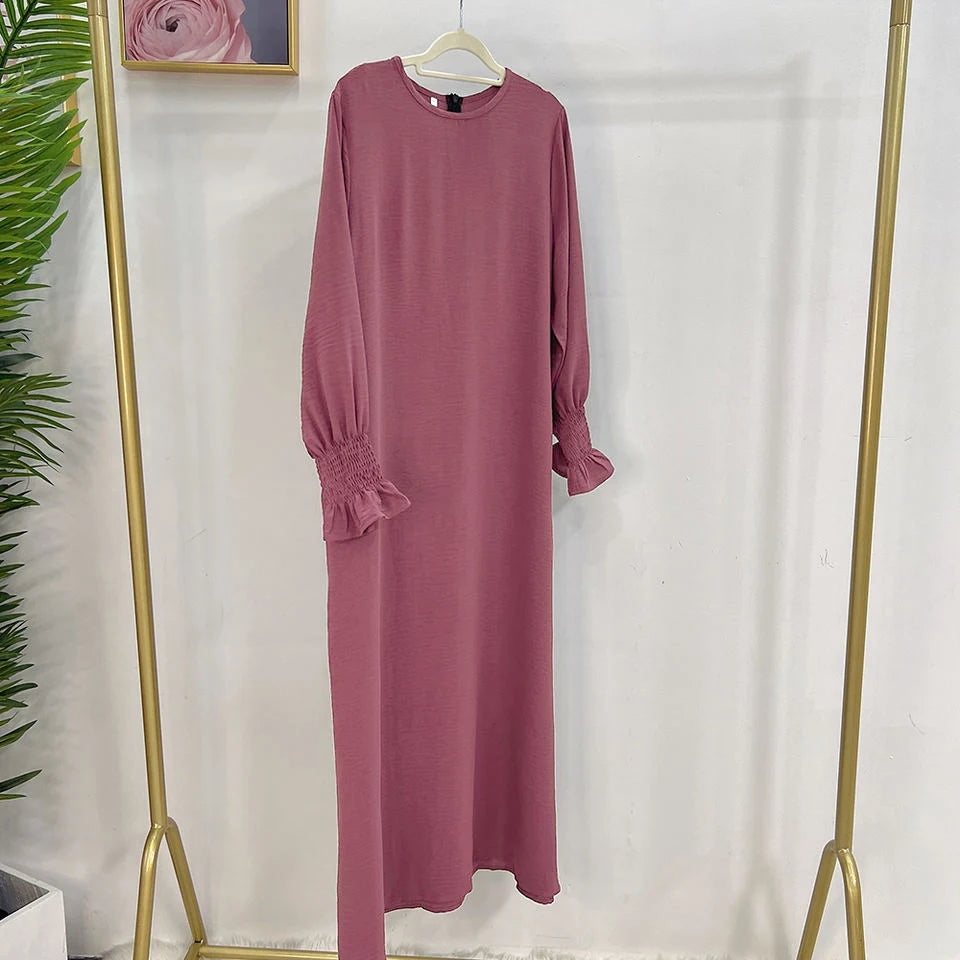 Under Abaya Inner Long Slip Dress Solid Color Smocked Cuffs Islamic Clothing Muslim Woman Casual Dubai Turk Modest Hijabi Robe - Seprincess