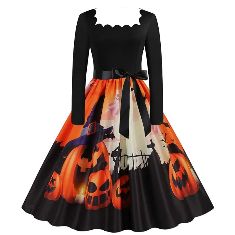 Halloween Dress For Women Square Collar Long Sleeve Print Vintage Evening Party Elegant 50s 60s Robe Midi Sundress - Seprincess