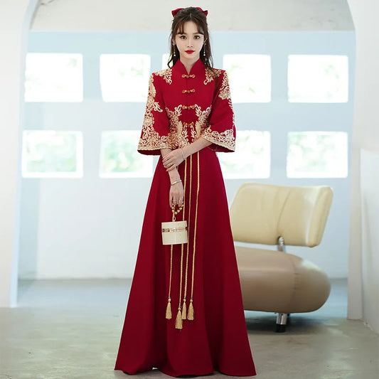 Chinese Style Burgundy Cheongsam Lady Tassels Qipao Large Size 6XL 7XL 8XL Formal Party Dress Elegant Bridal Wedding Dress - Seprincess