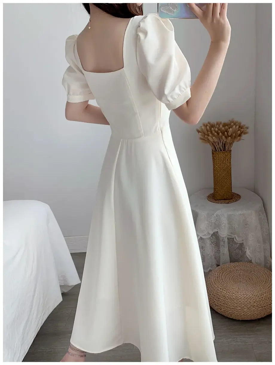 Slim Fit Women White Dress Bubble Sleeve Square Neck Light Wind Style Long Skirt Summer Casual Korean Style - Seprincess