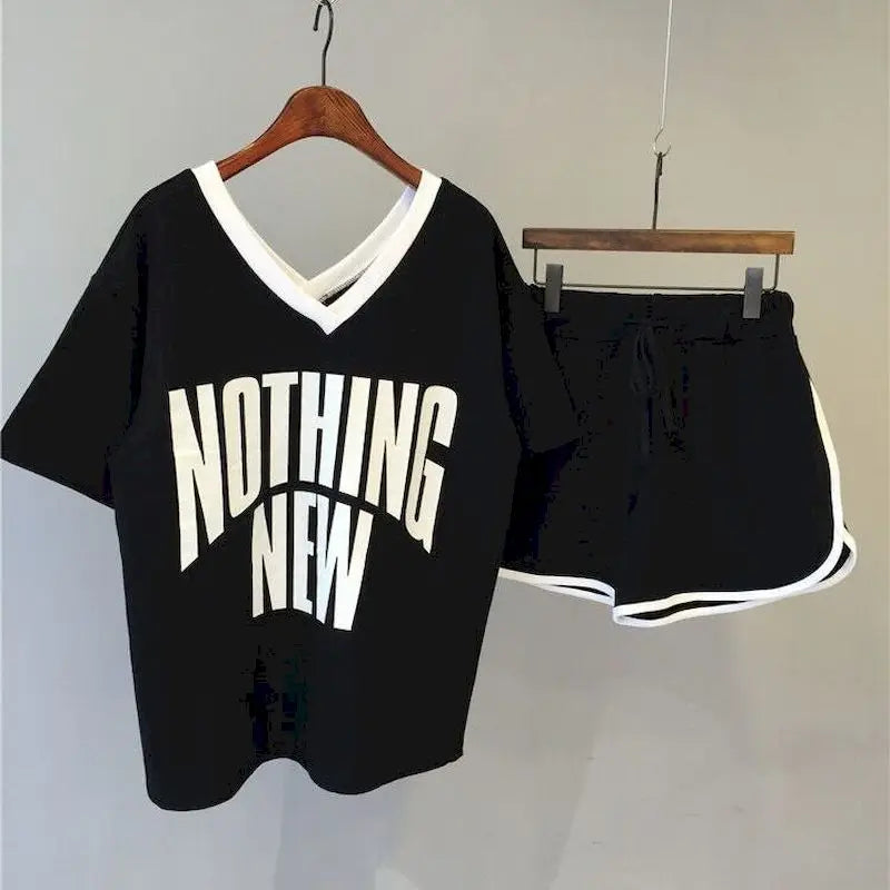 Casual Fashion Short Sets Womens 2 Pieces Summer 2023 Harajuku Korean V-neck Short Sleeve Oversized T-shirt and Shorts Women - Seprincess