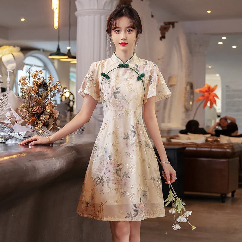 New Style Summer Improved Chiffon Cheongsam Women' Elegant Chinese Traditional Short Sleeve Qipao Dress Modern - Seprincess