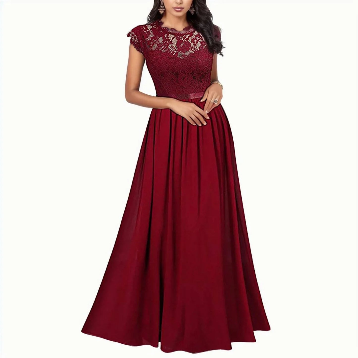 Elegant Women's Bridesmaid Wedding Long Dress Lace V Neck Party Midi Dress Short Sleeved Retro Formal Floor Length Dress - Seprincess