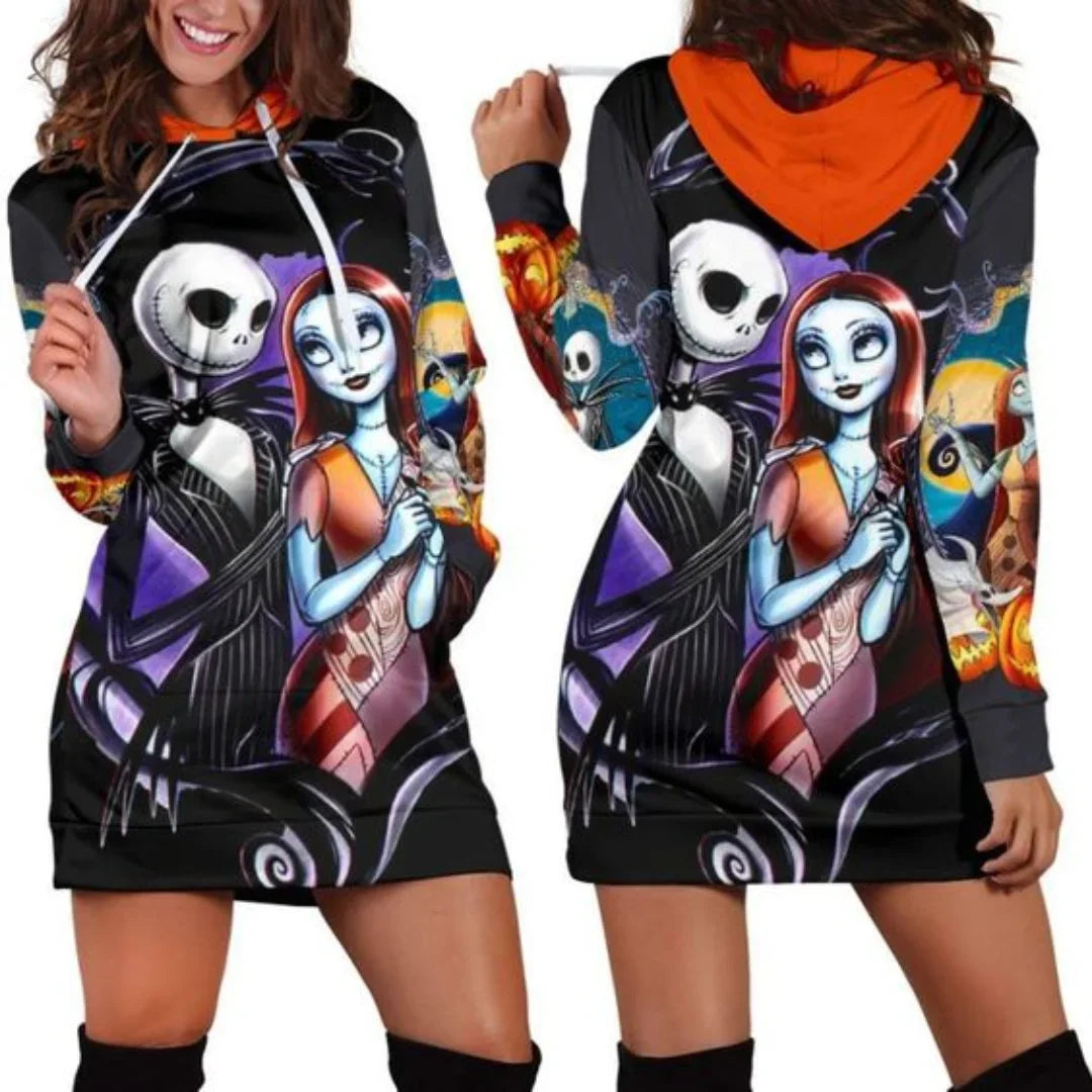 Jack Skellington Hoodie Dress Sweater Fashion Disney Dress Sweatshirt Dress 3d Allover Printed Hoodie for Women - Seprincess