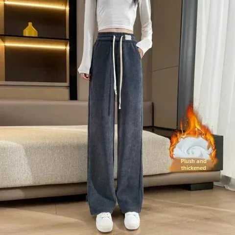 Women's Narrow-Legged Fleece-Lined Bell Bottoms Casual Straight-Leg Pants Trendy Autumn Winter 2023 Slimming Draped Cotton Velve