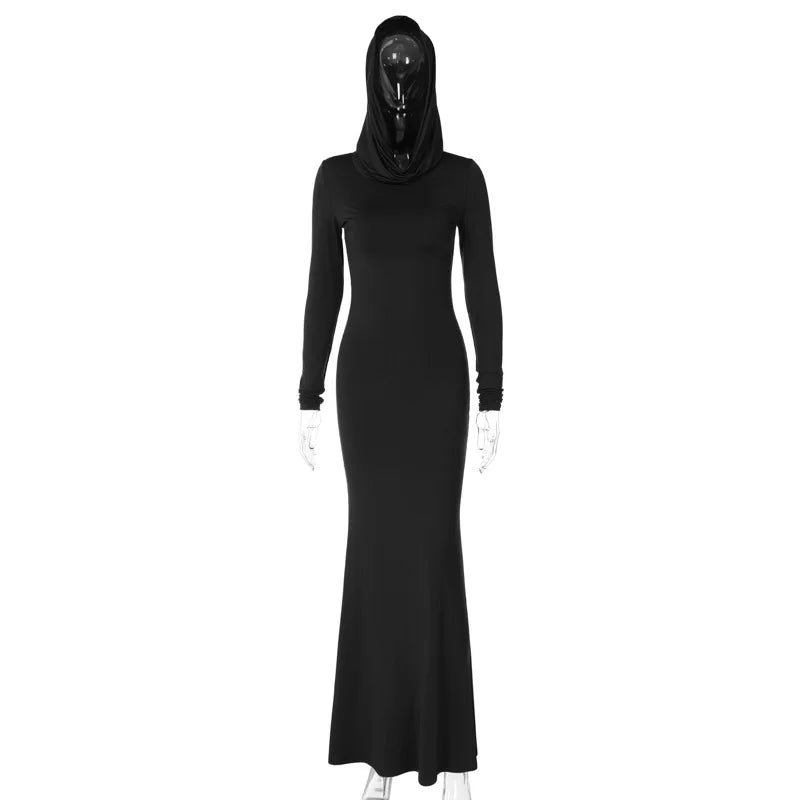 DGLUKE Black Hooded Long Dress For Women Slim Long Sleeve Autumn Winter Maxi Dress High Street Celebrity Dresses - Seprincess