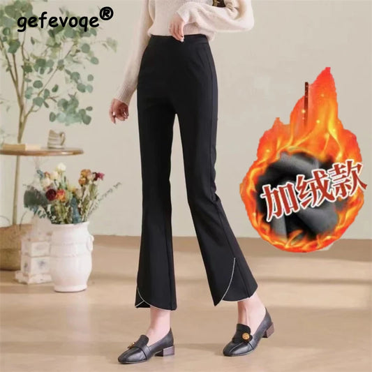 Women Korean Fashion Elegant Chic Flare Pants Autumn Winter Female Black High Waist Plush Thick Trousers Slim Pockets Pantalones