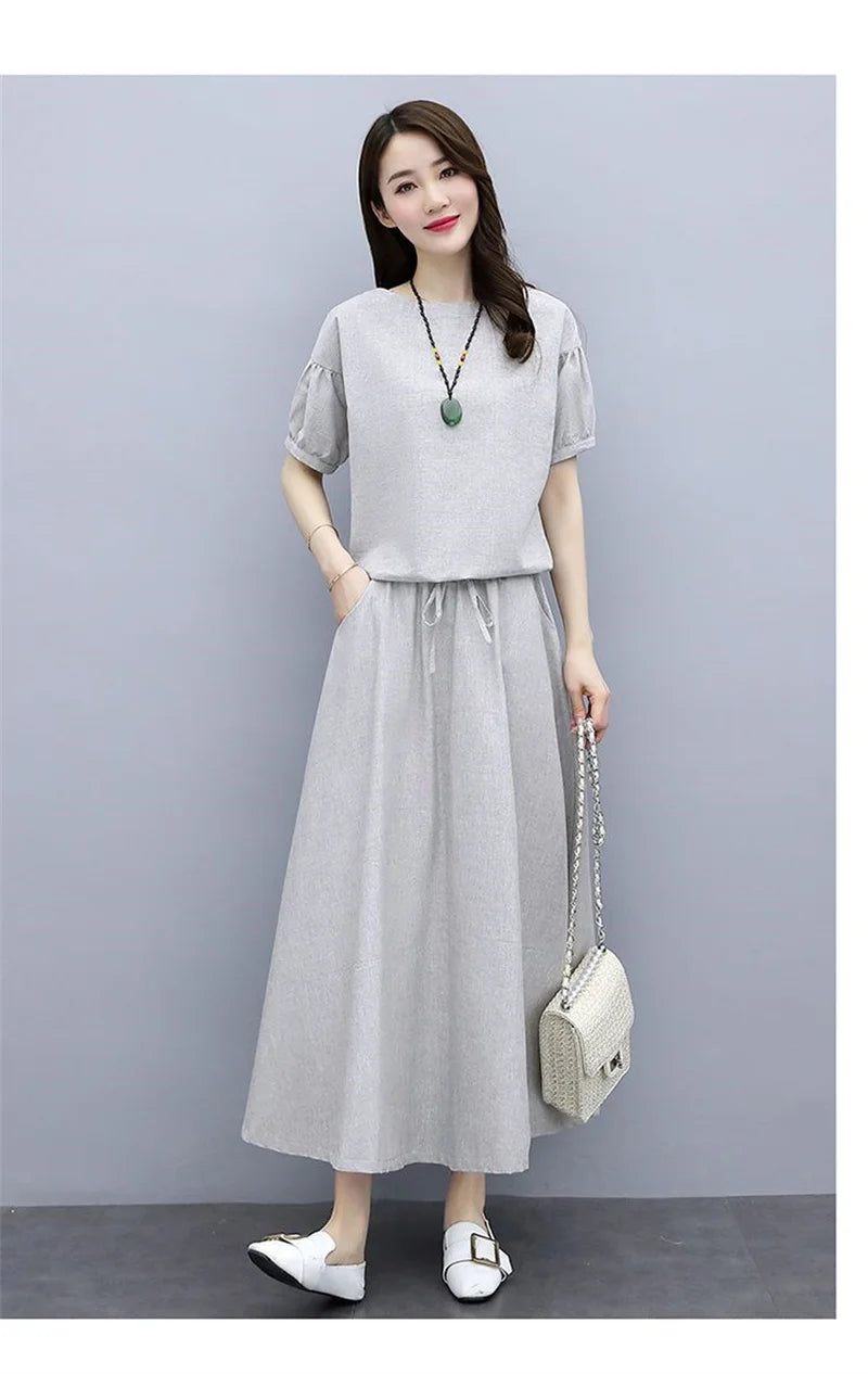 Cotton Linen Skirt Two-Piece Women's Summer 2024 New Set Slim Skirts Sleeve Suit Skirts Fashion 2PCS Temperament Female Outfit - Seprincess