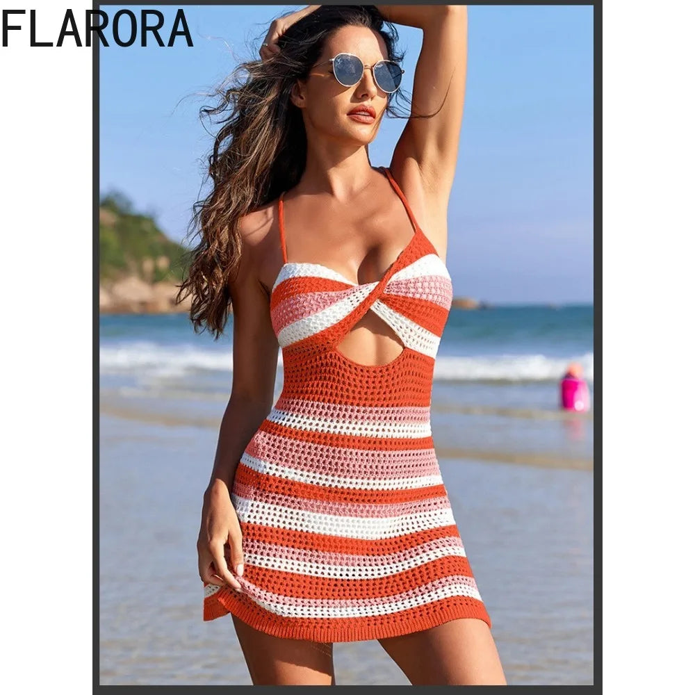 FLARORA Summer Beach Halter Knitted Mini Dress Woman Hollow Out Stripe Backless Dresses Holiday Party Sexy Bodycon Vestidos New - Seprincess