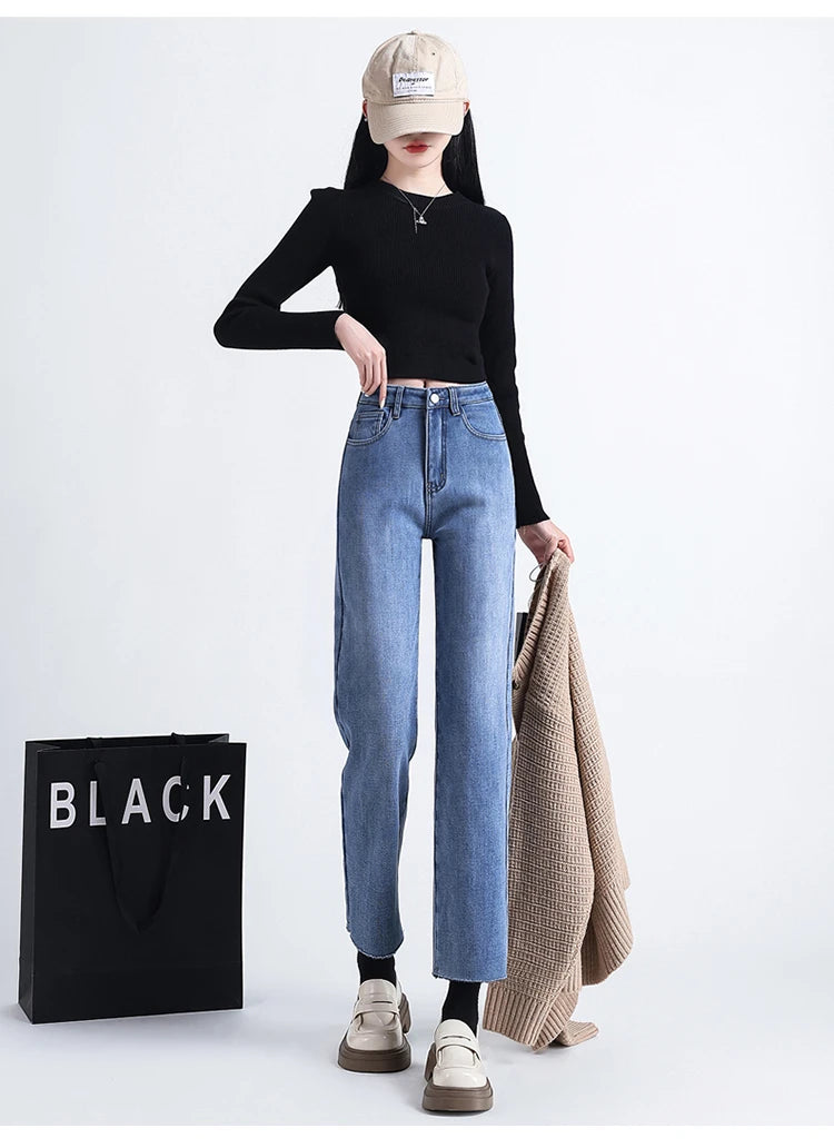 New Straight Denim Jeans Plus Velvet Autumn Winter Micro brushed Edge Elastic Pants High Waist Elastic Fleece Women's Trousers