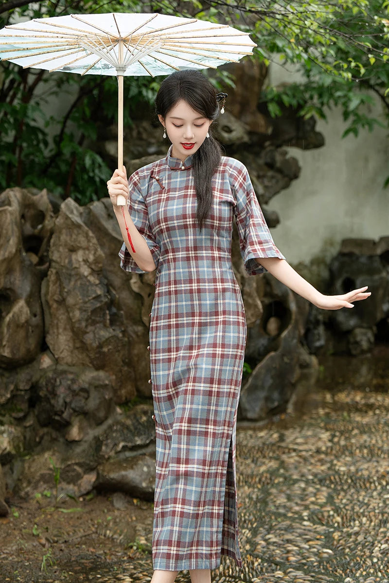 2024 Chinese Vintage Plaid Dress Women Plus Size Cheongsam 100% Cotton Qipao Long Improve Traditional Dresses 23622 - Seprincess