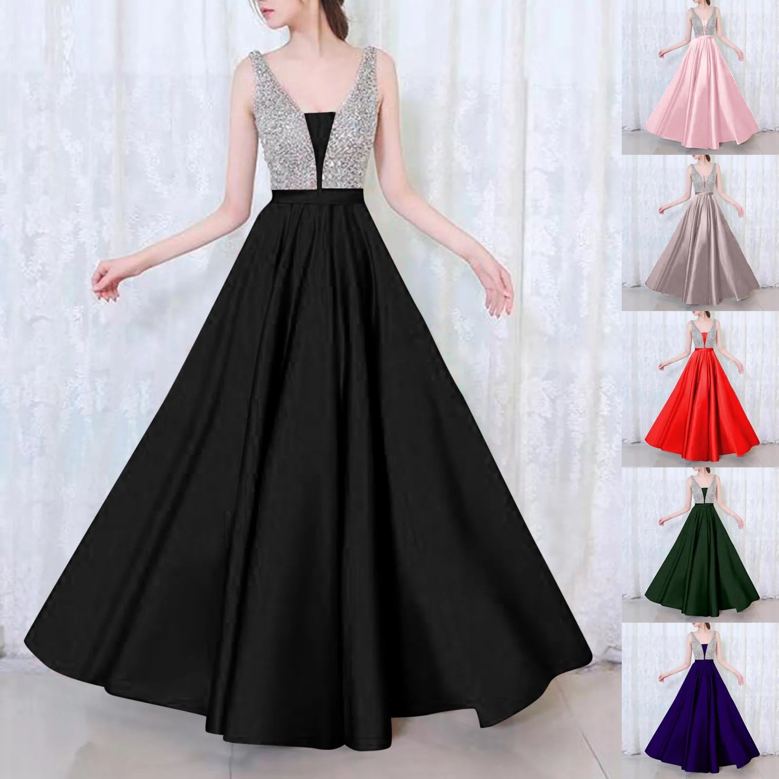 A Line Elegant Sequined Long Prom Dresses Ladies Deep V Neck Solid Color Satin Ruffles Formal Party Dresses Bridesmaid Dress - Seprincess