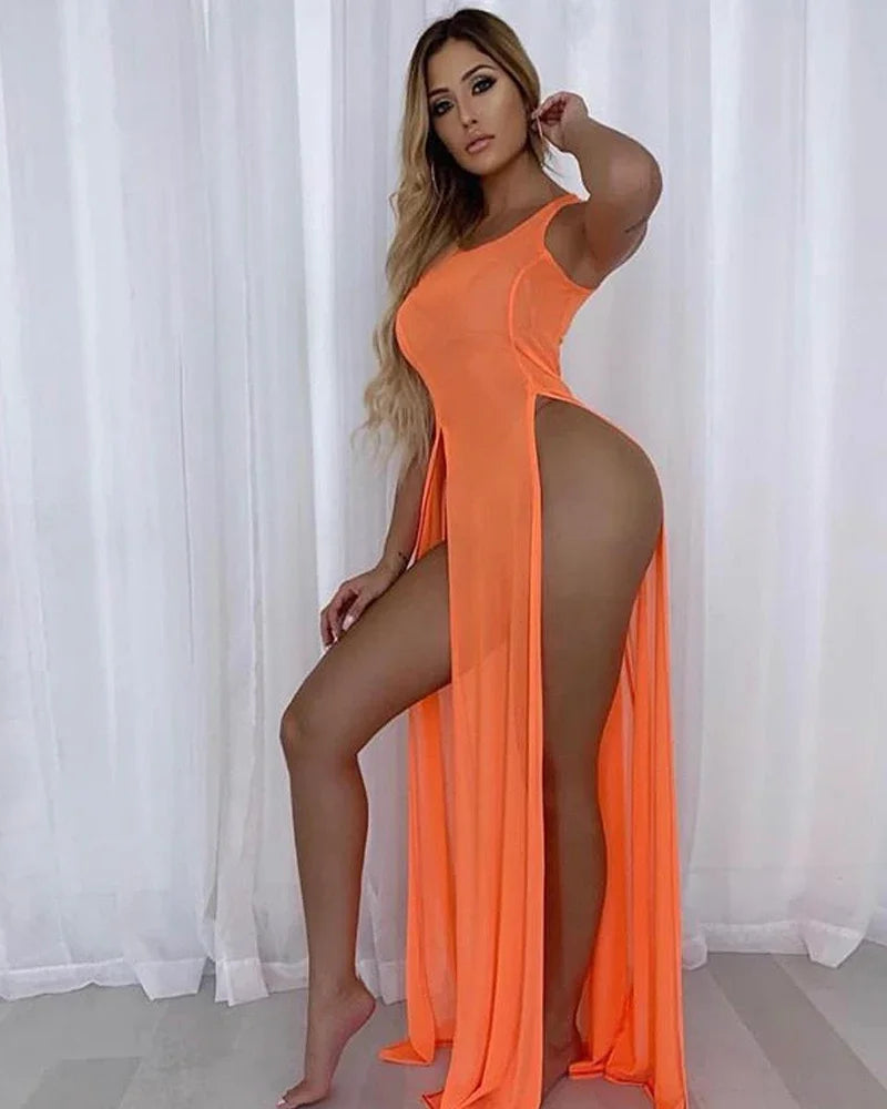 Women Sexy Long Dress Mesh Sheer See Through Bikini Cover Up Beach Sundress Solid Long Dress Sleeveless Strap Dress - Seprincess