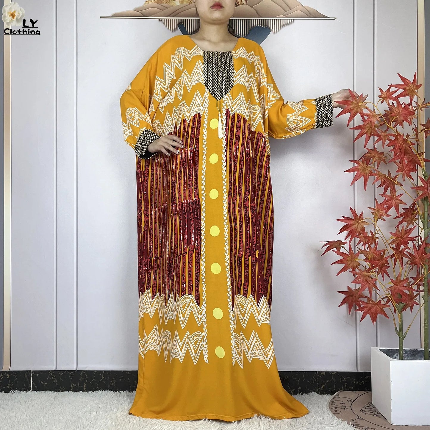 2024New Dubai Party Dress Muslim Femme Long Sleeves Printing Sequins Loose Boubou Maxi Islam Women Cotton African Abaya Clothing - Seprincess