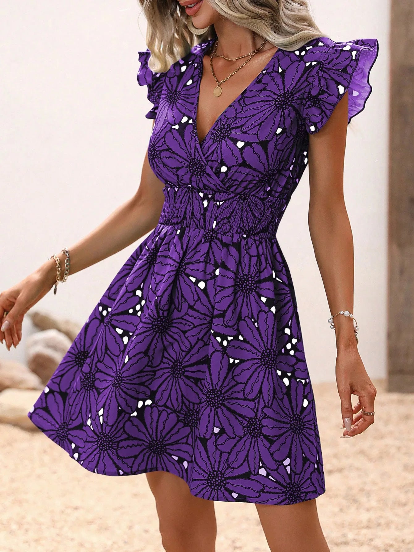 Chic Flower Print Vest A-Line Dress Women Summer V-Neck Mini Skirt Elegant Vacation Dresses - Seprincess