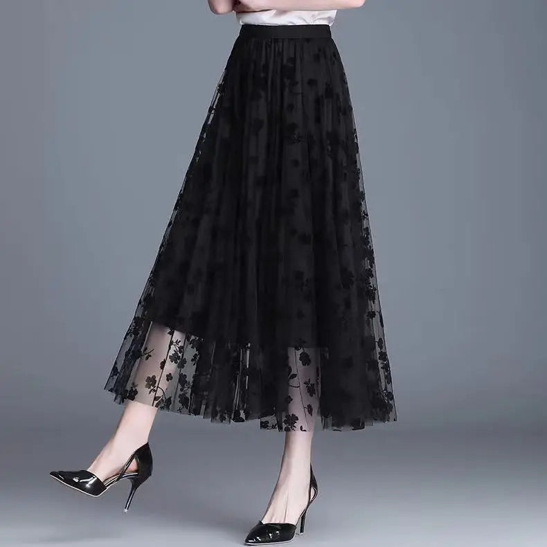 Korean Women Tulle Skirt Fashion Summer Hook Floral Loose Midi Skirt Elegant Female Casual All Match Mesh Skirts New - Seprincess