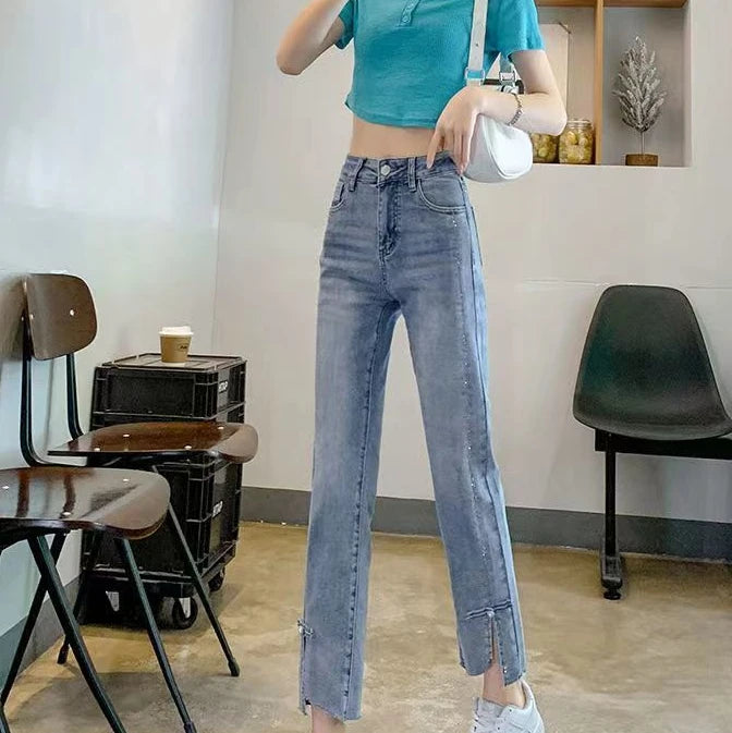 Pearl with Decorations Trousers Blue Cropped Straight Leg Women's Jeans Black and Capris High Waist Shot Short Japanese Y2k A R