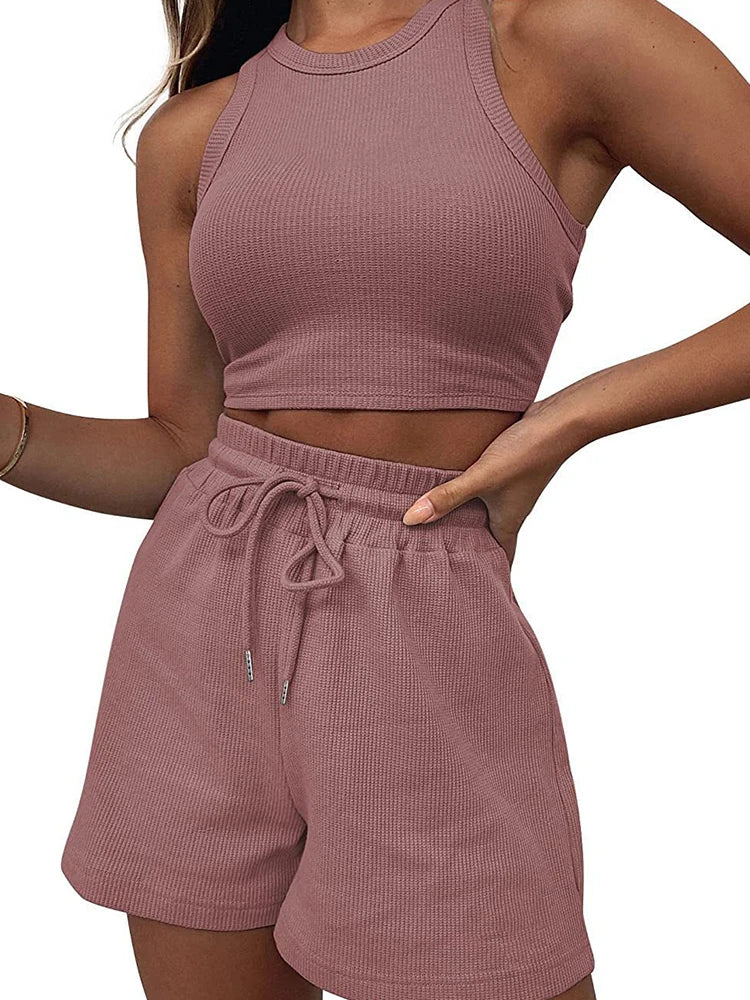 2024 Summer New Sleeveless Waffle Elegant Women's Sets Solid Color Sexy Waist Vest Casual Tethered Shorts Female's Two-Piece Set