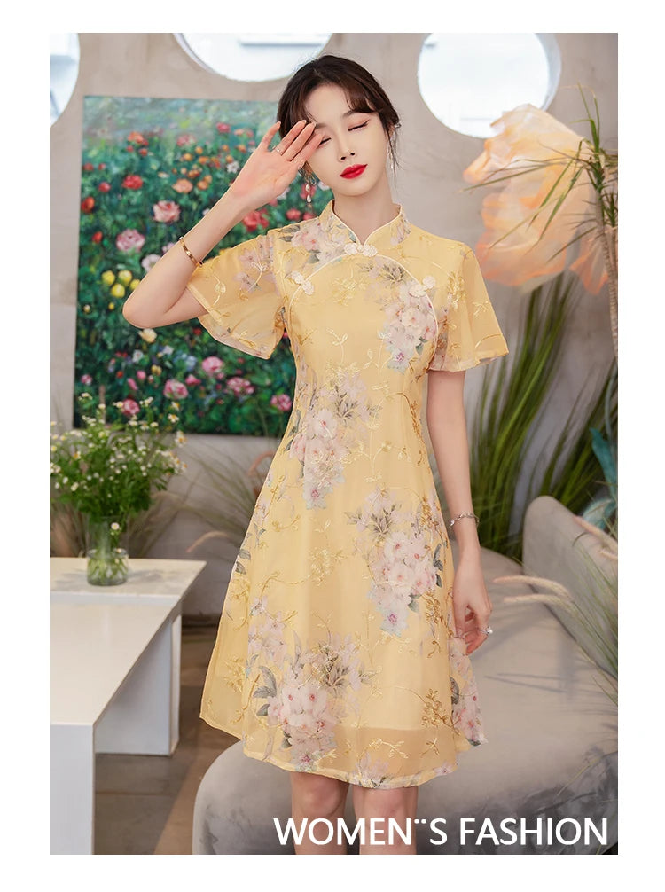 Summer Improved Young Style National Style Embroidered Floral Short Sleeve Women's Qipao Dress Chinese Traditional Cheongsam - Seprincess