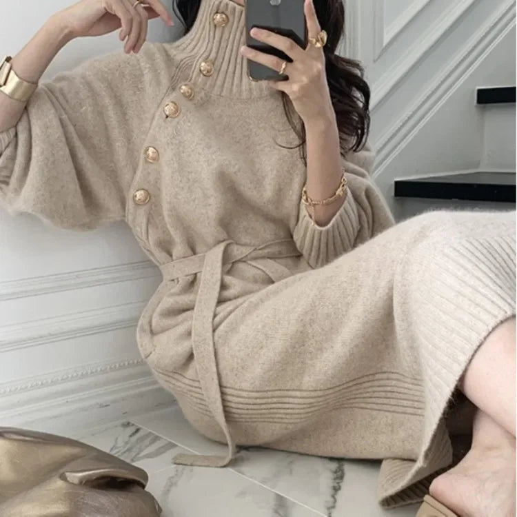 Women Dress Full Sleeve Button Irregular Long Dresses Turtleneck Party Slim Fit Lace Up Tight High Waist Elegant Vestidos - Seprincess