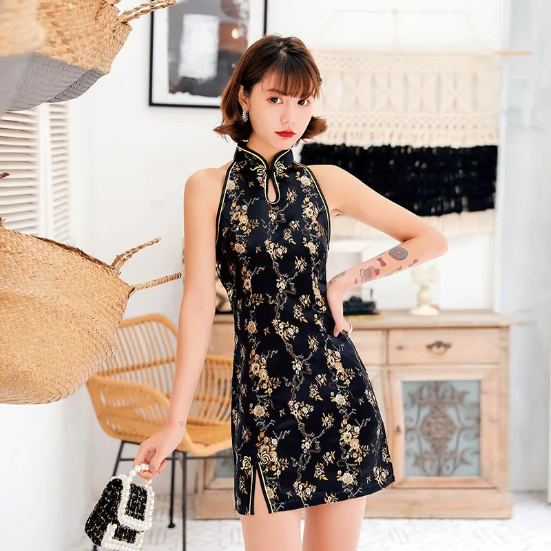 Black Oversize 3XL Chinese Dress Vestidso Traditional Women Sexy Satin Summer New Sleeveless Mini Cheongsam Print Elegant Qipao - Seprincess