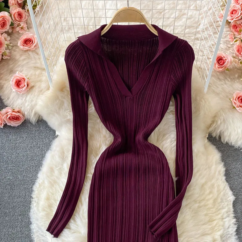 Women Korean Knitted Dress Long Sleeve V Neck Elastic Slim Pencil Dresses 2024 Autumn Sexy Bodycon Split Sweater Dress - Seprincess