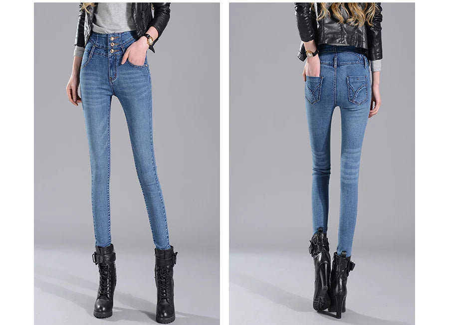 High-Waisted Jeans, Three-Breasted Jeans, Women's Spring & Fall New Slim Pants, Casual Denim Pants, Women's Stretch Pencil Jeans