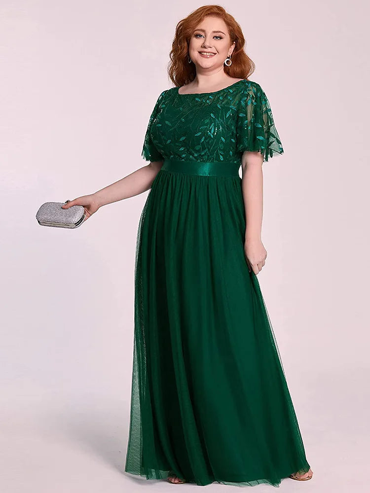 2023 NEW Plus Size Dress  Robe De Soiree Sparkle Evening Dresses Long A-Line O-Neck Short Sleeve LONG Formal Dresses