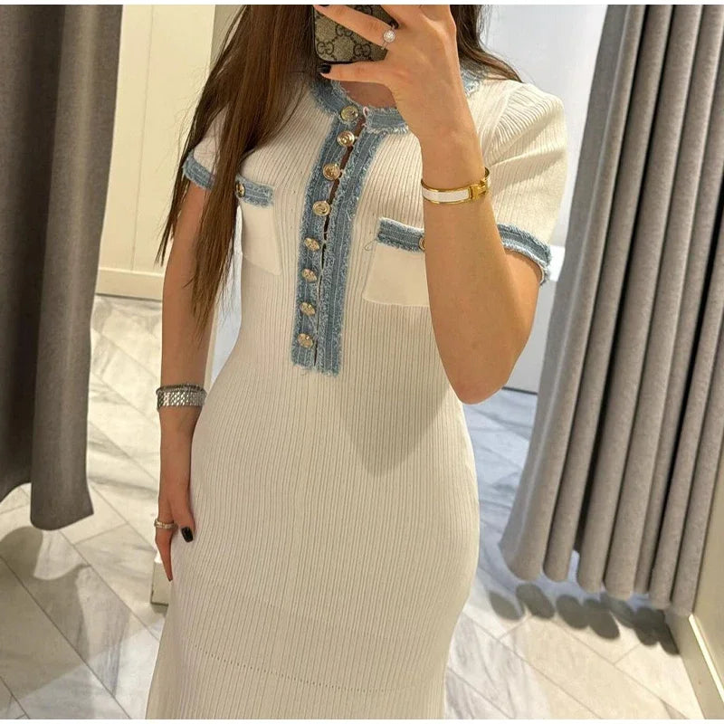 Elegant Contrasting Women Knit Maxi Dress Chic O-neck Short Sleeve Metal Buttons Bodycon Dresses 2024 Office Lady Commuting Robe - Seprincess