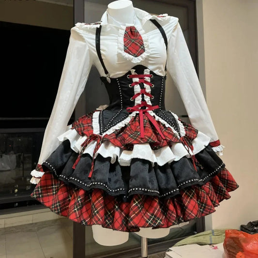 Plaid Patchwork Design Y2k Lolita Dress Sets Halloween Uniform Kawaii Mini Skirt Cosplay Anime Three Pieces Suit For Women - Seprincess